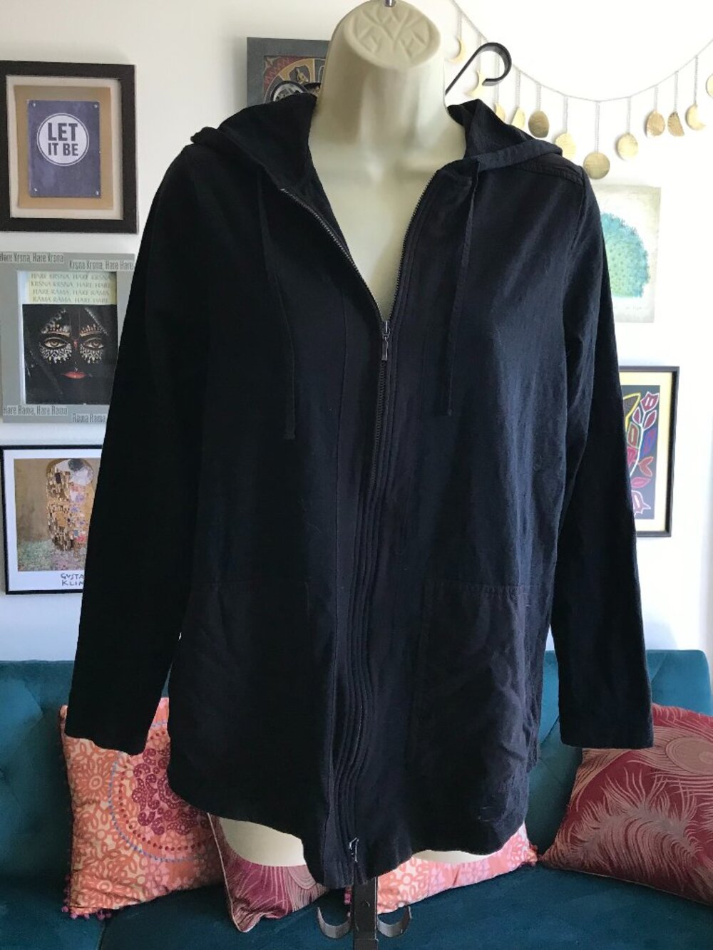 J JILL size S Black Slubbed Cotton Zip Front Hooded Jacket Top Pockets